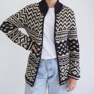 Vintage The Limited Hand Knit 15% Wool Cream Black Cottage Core Zip-Up Sweater M